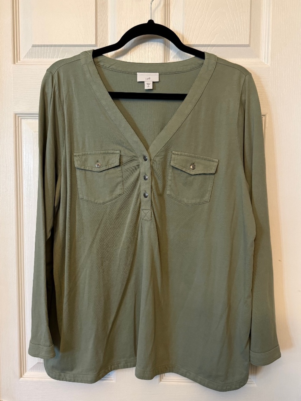 J.Jill Sage Green 3/4 Sleeve Henley Shirt, Size Petite Large